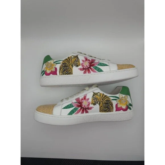 JOHNNY WAS Maisie White Leather Tropical Tiger Embroidered Sneakers ~ Womens 7.5 - Picture 11 of 13